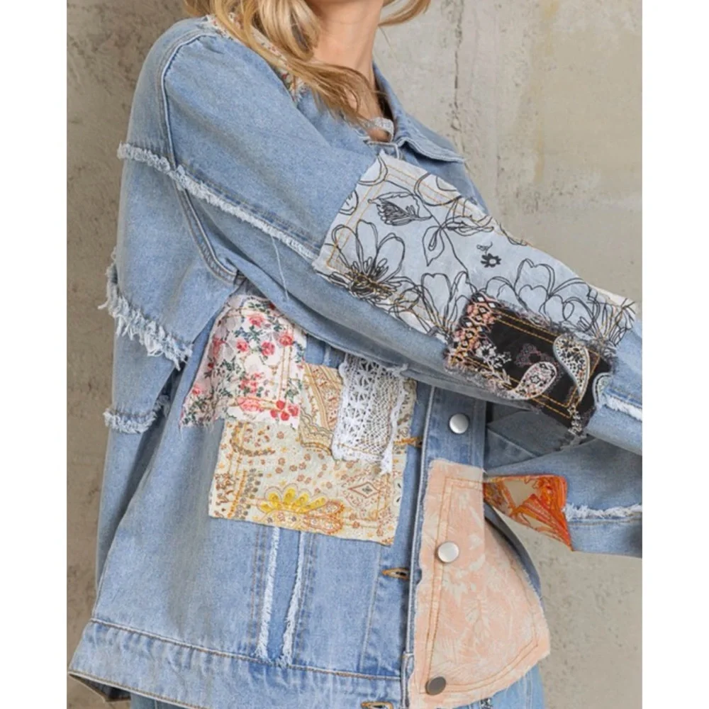 Patchwork Denim and Lace Jacket Distressed Boho Denim Shacket Mixed Floral Lace - Picture 3 of 17